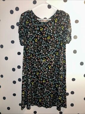 LOFT Black Floral 💐Shift Dress 👗 with Blue, Pink & Green Accents